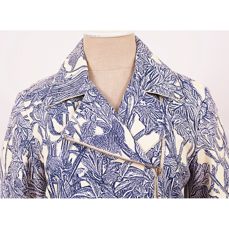 40 NEW $6395 ROBERTO CAVALLI RUNWAY Blue Botanic Print LEATHER Motorcycle JACKET