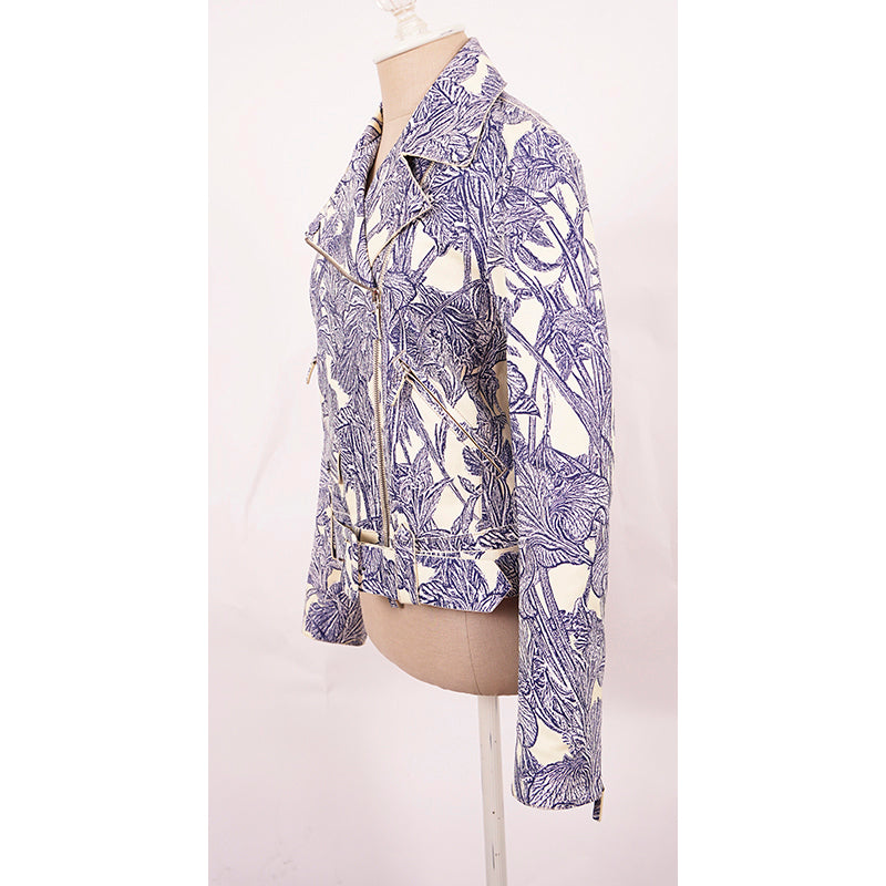 40 NEW $6395 ROBERTO CAVALLI RUNWAY Blue Botanic Print LEATHER Motorcycle JACKET