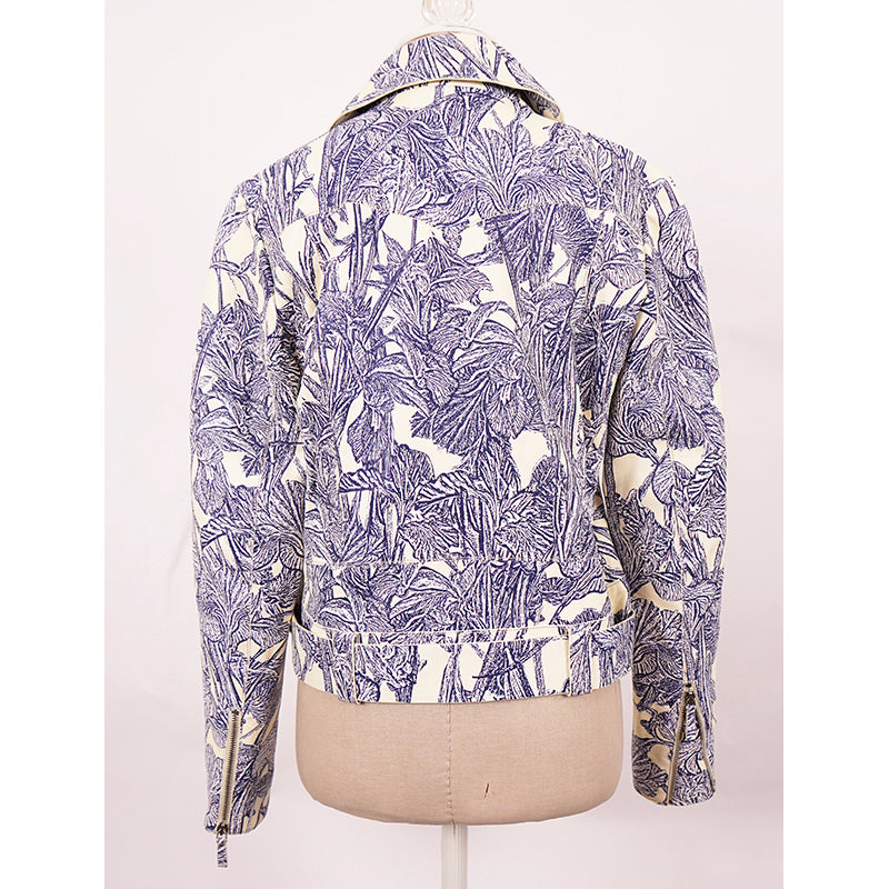 40 NEW $6395 ROBERTO CAVALLI RUNWAY Blue Botanic Print LEATHER Motorcycle JACKET