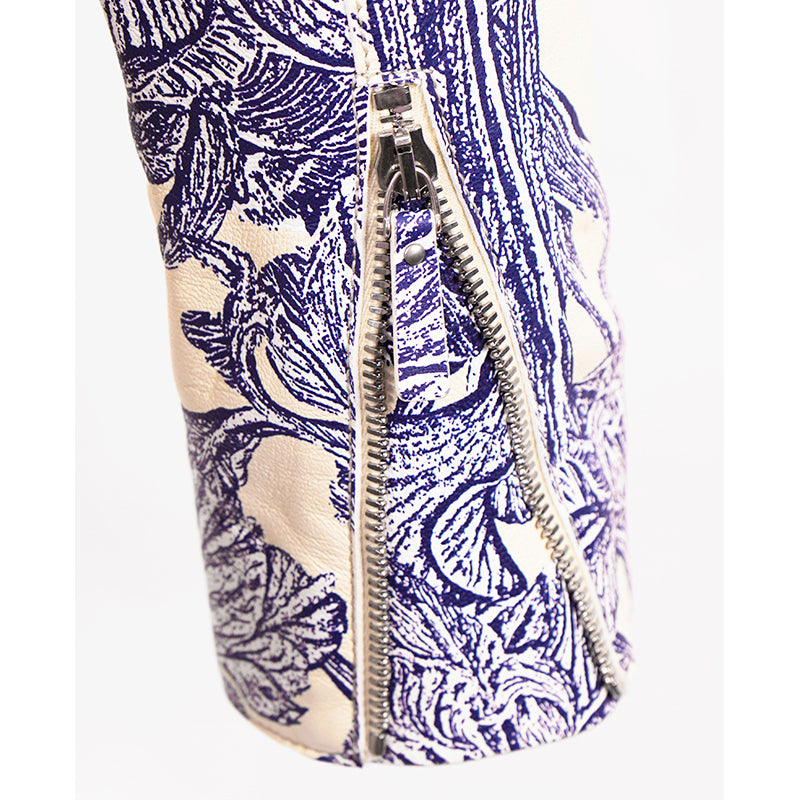 40 NEW $6395 ROBERTO CAVALLI RUNWAY Blue Botanic Print LEATHER Motorcycle JACKET