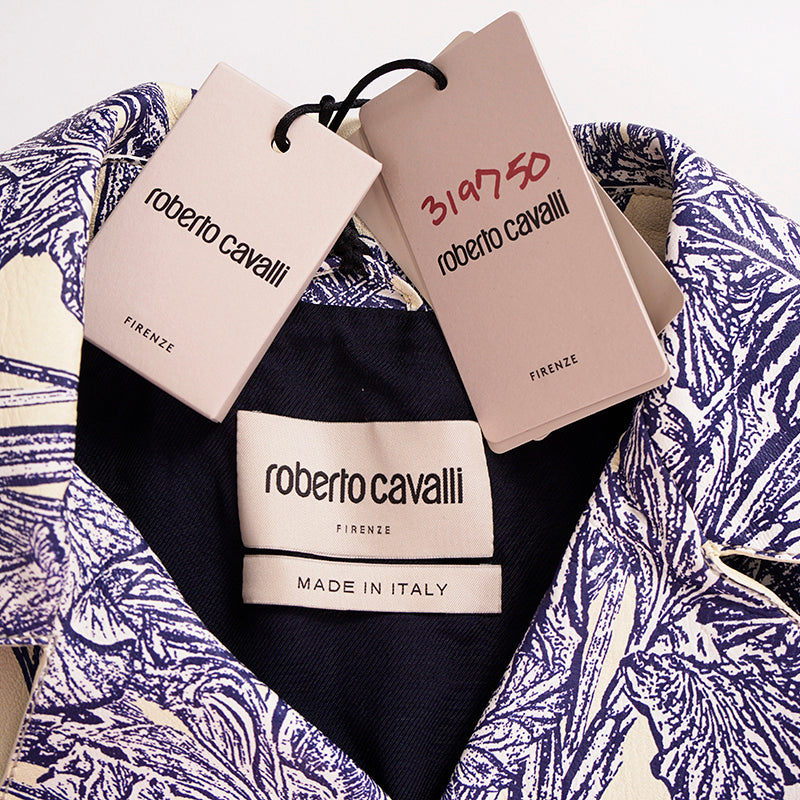 40 NEW $6395 ROBERTO CAVALLI RUNWAY Blue Botanic Print LEATHER Motorcycle JACKET