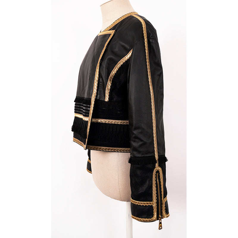 38 NEW $3,595 ROBERTO CAVALLI RUNWAY Black LEATHER Gold Trim Motorcycle JACKET