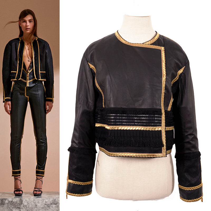 38 NEW $3,595 ROBERTO CAVALLI RUNWAY Black LEATHER Gold Trim Motorcycle JACKET