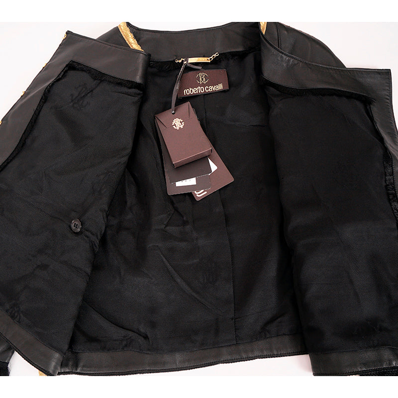 38 NEW $3,595 ROBERTO CAVALLI RUNWAY Black LEATHER Gold Trim Motorcycle JACKET
