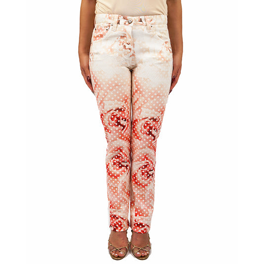 38 & 40 NEW $1155 ROBERTO CAVALLI Pink FLORAL POLKA DOT Skinny Spring JEANS PANTS XS