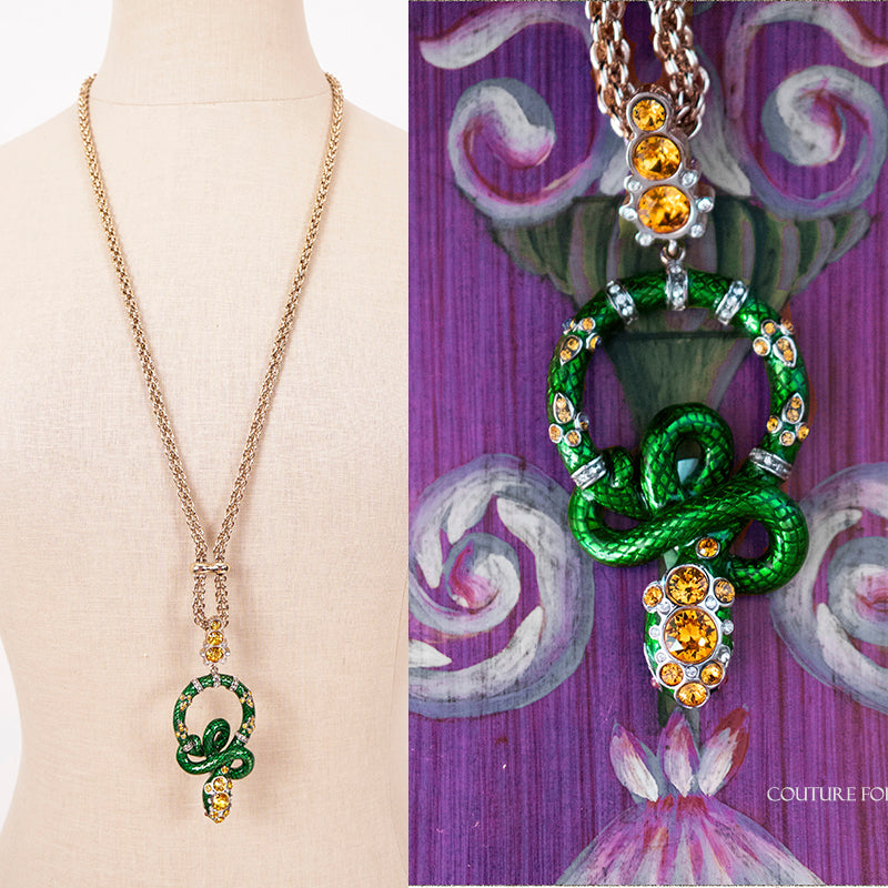 NEW $850 ROBERTO CAVALLI Green Enamel & Yellow Crystal Coiled SNAKE NECKLACE