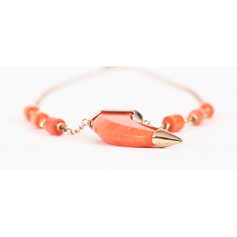 NEW $647 ROBERTO CAVALLI Gold Tone MARBLE ORANGE TOOTH HORN Beaded NECKLACE