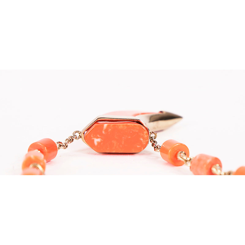 NEW $647 ROBERTO CAVALLI Gold Tone MARBLE ORANGE TOOTH HORN Beaded NECKLACE