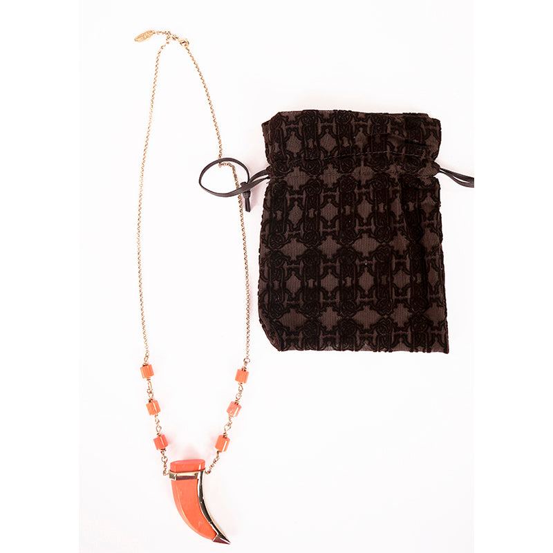NEW $647 ROBERTO CAVALLI Gold Tone MARBLE ORANGE TOOTH HORN Beaded NECKLACE