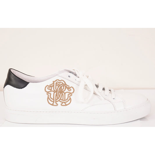 SZ 45 US 12 NEW $425 ROBERTO CAVALLI Mens White GOLD RC LOGO Low Top SNEAKERS