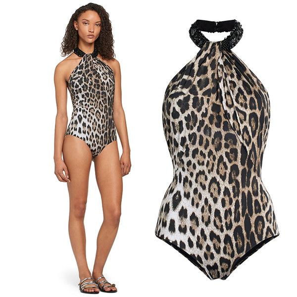 sz XXS 38 NEW $995 ROBERTO CAVALLI Leopard BEADED HALTER NECK 1 Piece SWIMSUIT