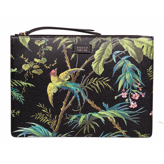 NEW $1,890 GUCCI Black Leather TROPICAL BIRD PRINT CAPSULE Crossbody Strap BAG