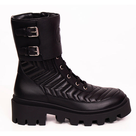 38 NEW $1190 GUCCI Black Leather Matelassé Interlocking GG Frances COMBAT BOOTS