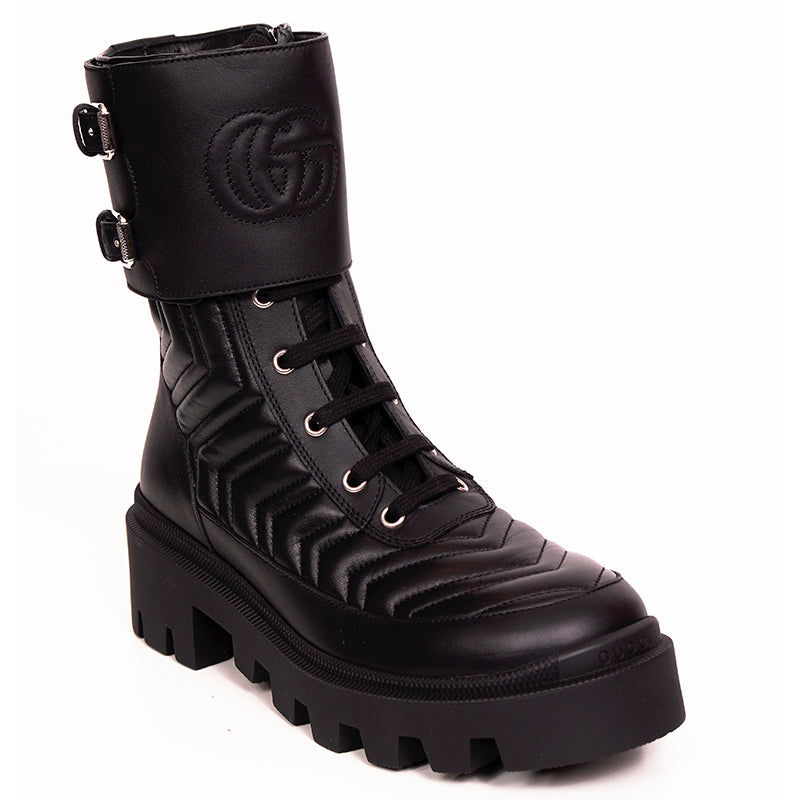 38 NEW $1190 GUCCI Black Leather Matelassé Interlocking GG Frances COMBAT BOOTS