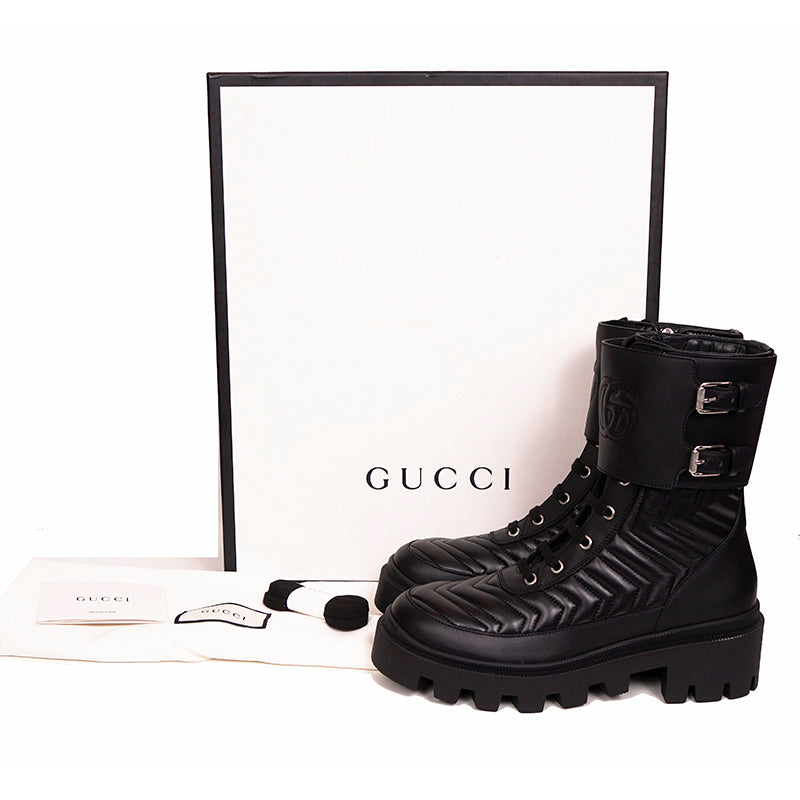38 NEW $1190 GUCCI Black Leather Matelassé Interlocking GG Frances COMBAT BOOTS