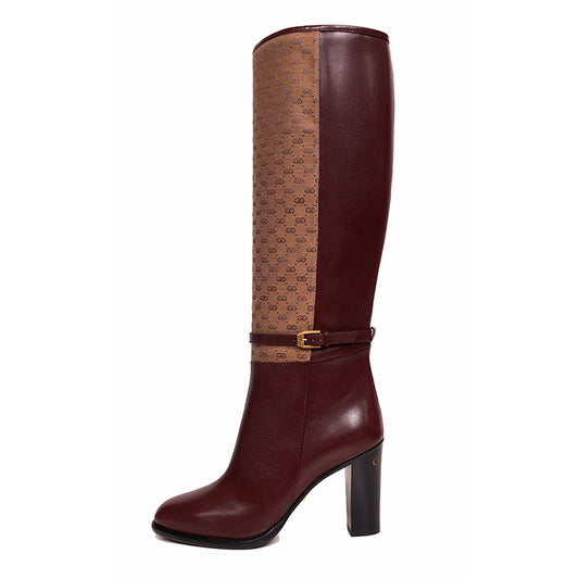 37 NEW $1590 GUCCI Micro GG Canvas Bordeaux Leather FINN KNEE RIDING BOOTS NIB