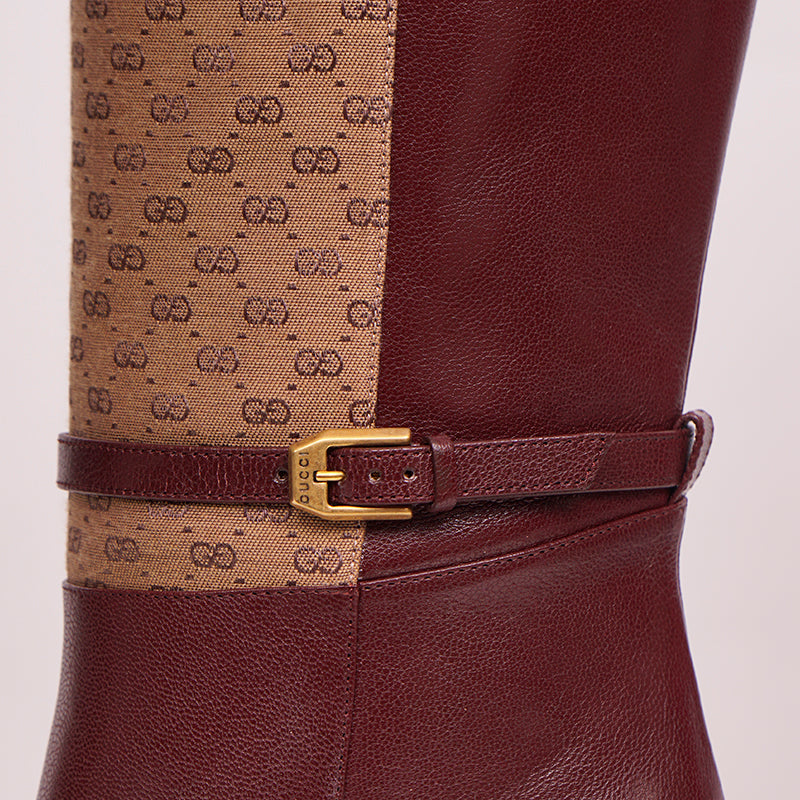 37 NEW $1590 GUCCI Micro GG Canvas Bordeaux Leather FINN KNEE RIDING BOOTS NIB
