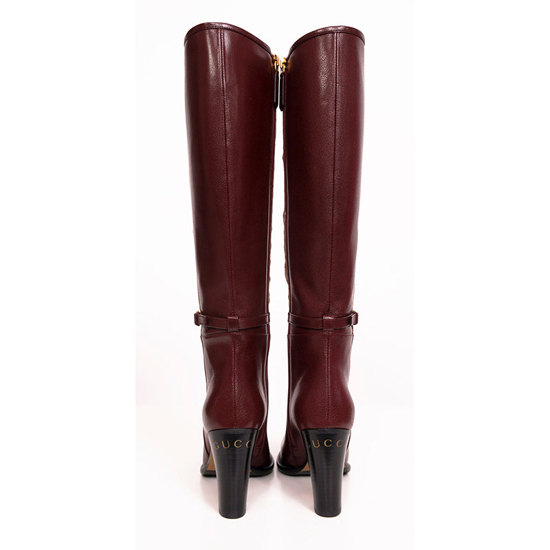 37 NEW $1590 GUCCI Micro GG Canvas Bordeaux Leather FINN KNEE RIDING BOOTS NIB