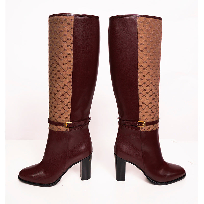 37 NEW $1590 GUCCI Micro GG Canvas Bordeaux Leather FINN KNEE RIDING BOOTS NIB