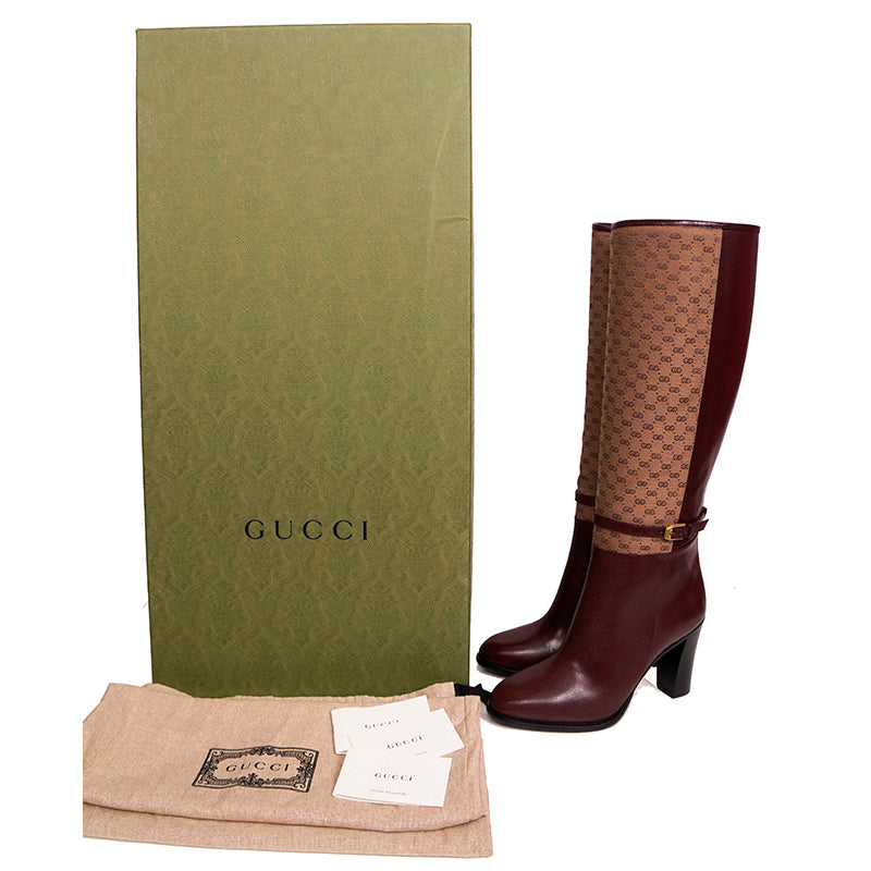 37 NEW $1590 GUCCI Micro GG Canvas Bordeaux Leather FINN KNEE RIDING BOOTS NIB
