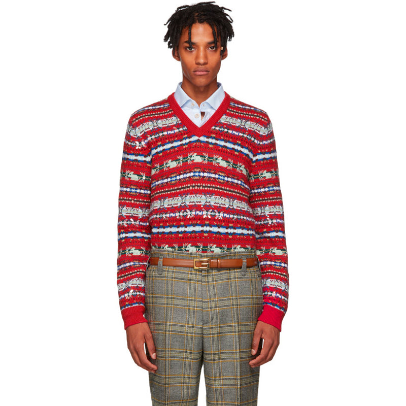 M NEW $2,200 GUCCI Men's RUNWAY Red Wool GG LOGO Jacquard V-NECK Sweater