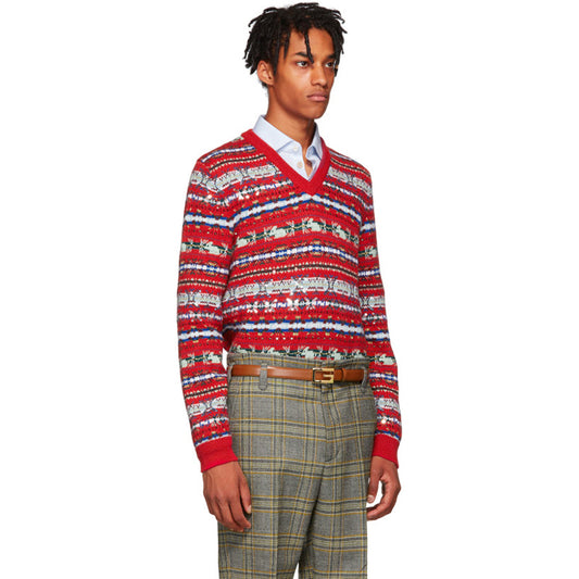 M NEW $2,200 GUCCI Men's RUNWAY Red Wool GG LOGO Jacquard V-NECK Sweater