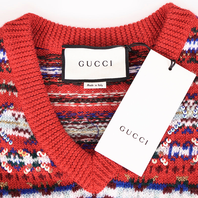 M NEW $2,200 GUCCI Men's RUNWAY Red Wool GG LOGO Jacquard V-NECK Sweater