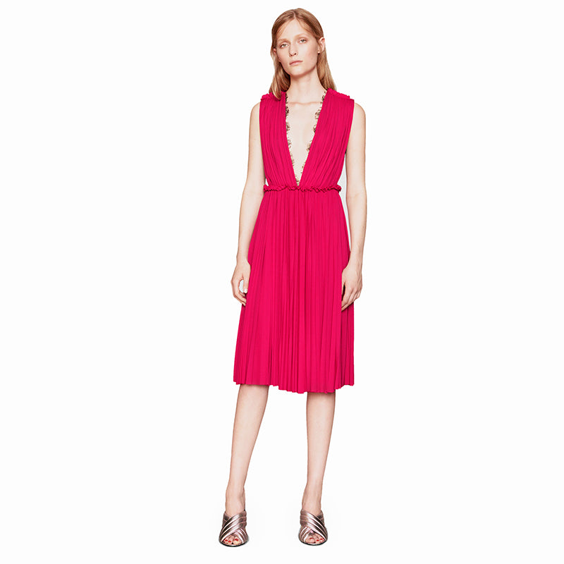XS & L NEW $2500 GUCCI Pink PLISSE' Jersey BLACK SHEER LACE KEYHOLE BACK Sexy DRESS