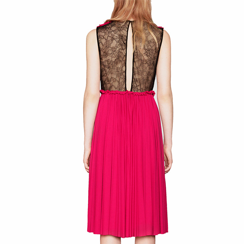 XS & L NEW $2500 GUCCI Pink PLISSE' Jersey BLACK SHEER LACE KEYHOLE BACK Sexy DRESS