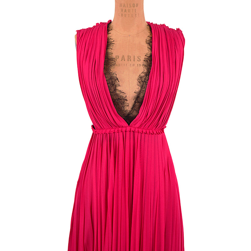 XS & L NEW $2500 GUCCI Pink PLISSE' Jersey BLACK SHEER LACE KEYHOLE BACK Sexy DRESS
