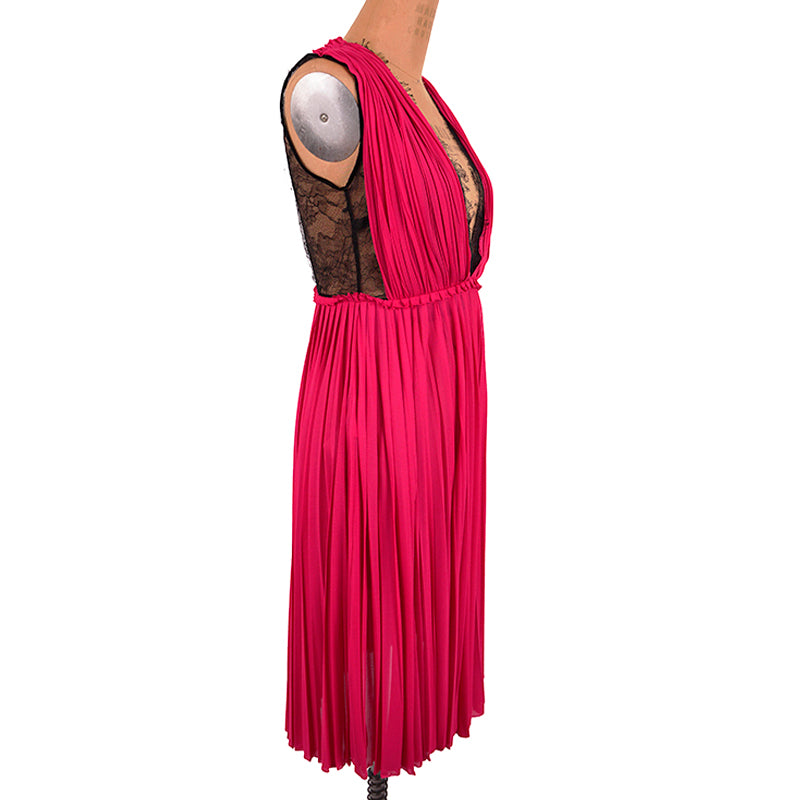 XS & L NEW $2500 GUCCI Pink PLISSE' Jersey BLACK SHEER LACE KEYHOLE BACK Sexy DRESS