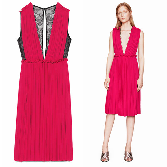 XS & L NEW $2500 GUCCI Pink PLISSE' Jersey BLACK SHEER LACE KEYHOLE BACK Sexy DRESS