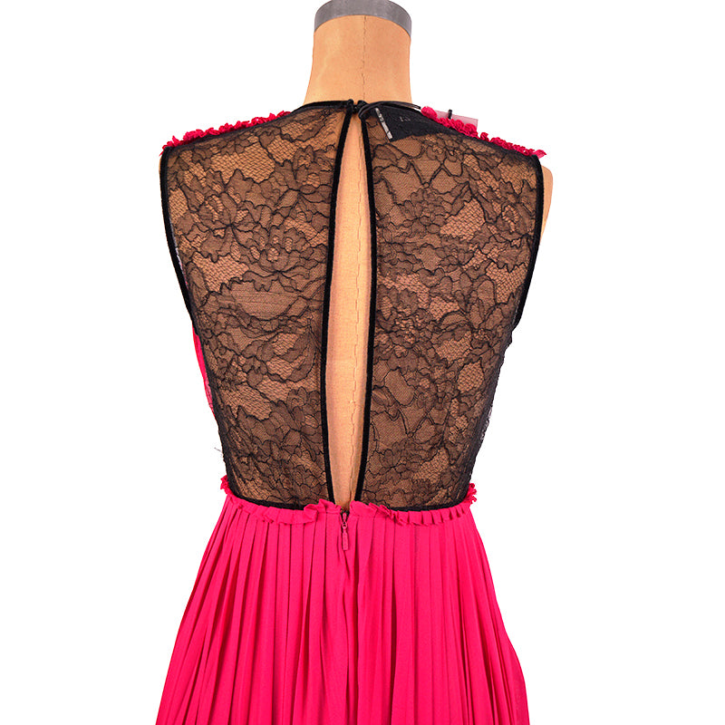 XS & L NEW $2500 GUCCI Pink PLISSE' Jersey BLACK SHEER LACE KEYHOLE BACK Sexy DRESS