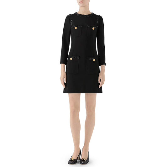 XXS US 0/2 NEW $3,500 GUCCI Black Compact Jersey GG Buttons SEQUIN TRIM DRESS