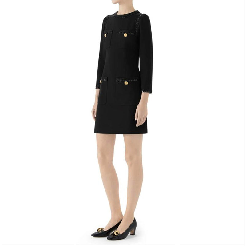 XXS US 0/2 NEW $3,500 GUCCI Black Compact Jersey GG Buttons SEQUIN TRIM DRESS