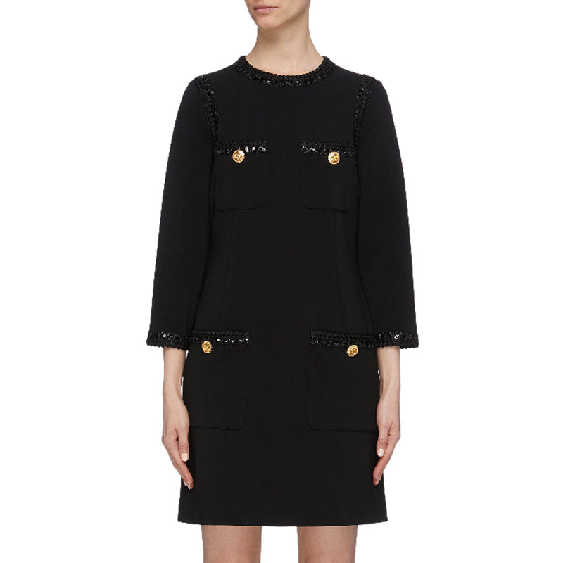 XXS US 0/2 NEW $3,500 GUCCI Black Compact Jersey GG Buttons SEQUIN TRIM DRESS
