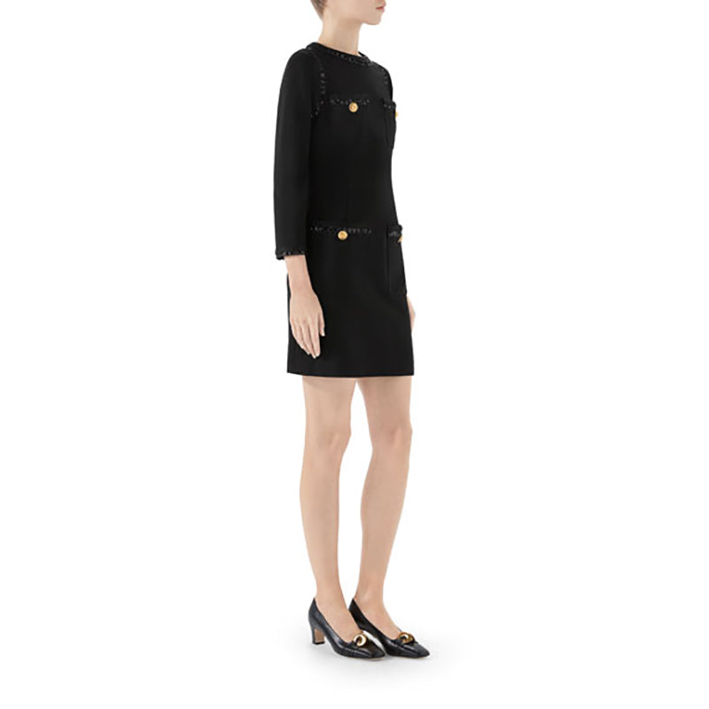 XXS US 0/2 NEW $3,500 GUCCI Black Compact Jersey GG Buttons SEQUIN TRIM DRESS