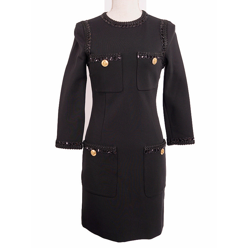 XXS US 0/2 NEW $3,500 GUCCI Black Compact Jersey GG Buttons SEQUIN TRIM DRESS