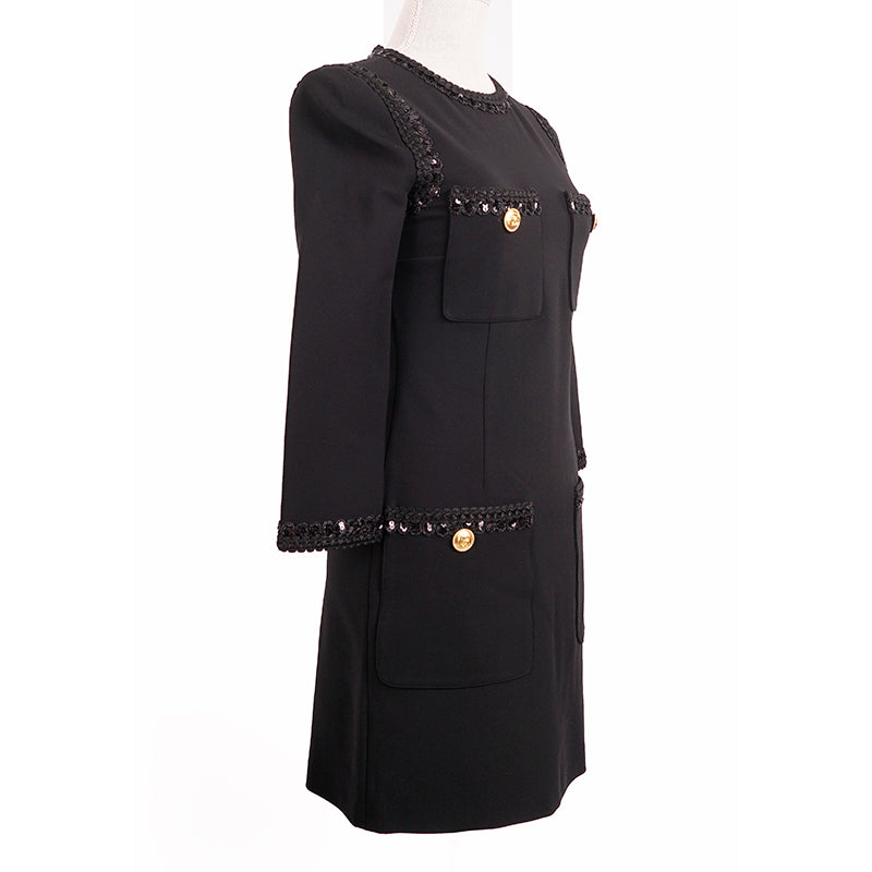 XXS US 0/2 NEW $3,500 GUCCI Black Compact Jersey GG Buttons SEQUIN TRIM DRESS