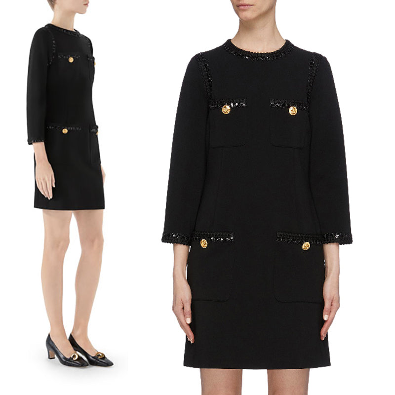 XXS US 0/2 NEW $3,500 GUCCI Black Compact Jersey GG Buttons SEQUIN TRIM DRESS