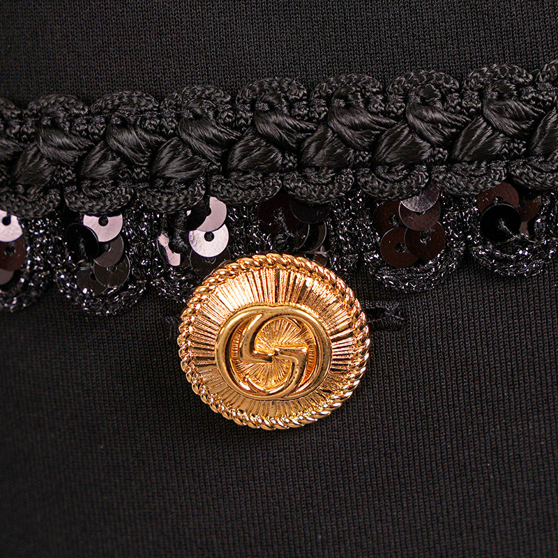 XXS US 0/2 NEW $3,500 GUCCI Black Compact Jersey GG Buttons SEQUIN TRIM DRESS