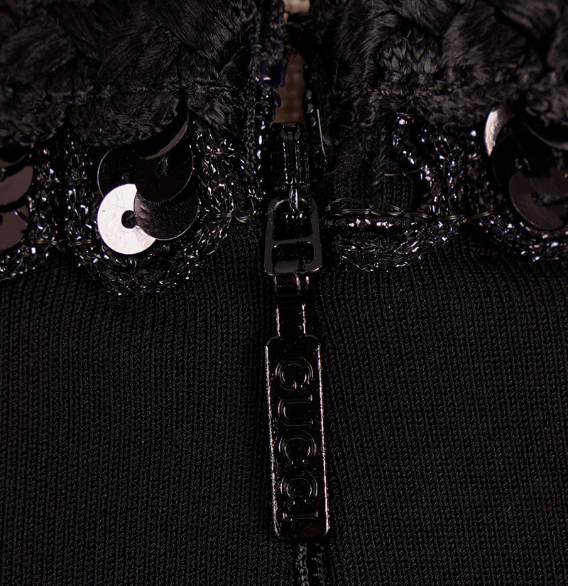 XXS US 0/2 NEW $3,500 GUCCI Black Compact Jersey GG Buttons SEQUIN TRIM DRESS