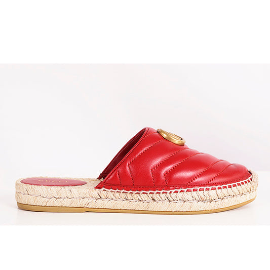 37.5 NEW $650 GUCCI Red Leather Matelassé GG MARMONT Espadrille SUMMER FLATS NIB
