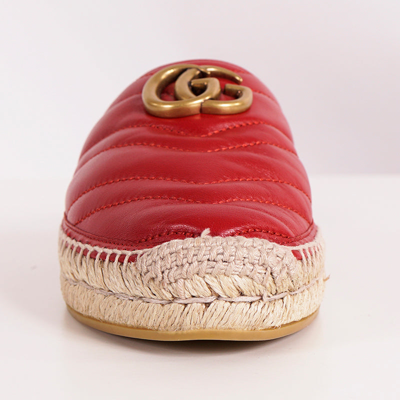 37.5 NEW $650 GUCCI Red Leather Matelassé GG MARMONT Espadrille SUMMER FLATS NIB