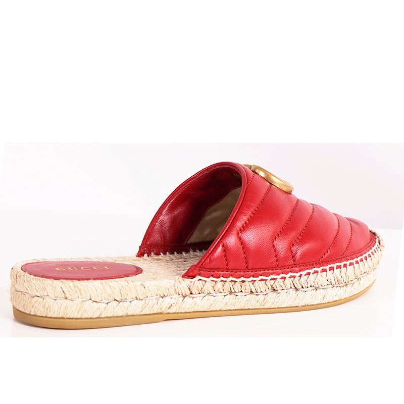 37.5 NEW $650 GUCCI Red Leather Matelassé GG MARMONT Espadrille SUMMER FLATS NIB