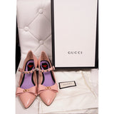 37 NEW $1250 GUCCI Pink Patent Leather SPIKED MARY JANE Pumps Low Heels FLATS 7