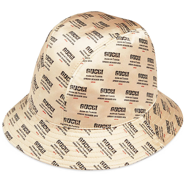 NEW $690 GUCCI Woman's Tan Silk Satin All Over Gucci Print Logo Fedora Spring Hat