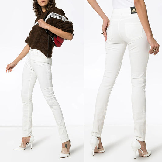 28 NEW $950 GUCCI White STRETCH DENIM Skinny Fitted LOGO PATCH High Waist JEANS