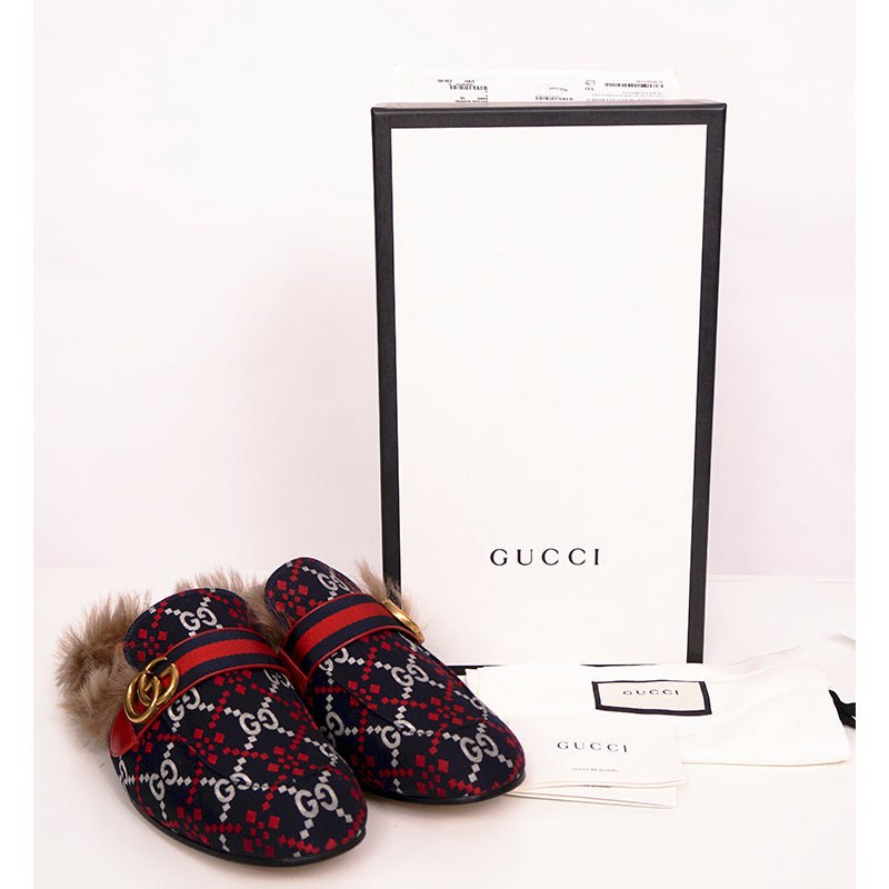 10G 10.5 NEW $950 GUCCI Blue GG Diamond PRINCETOWN MARMONT FUR SLIPPERS LOAFERS