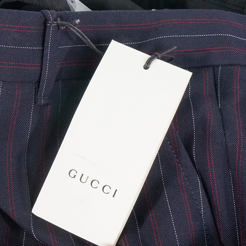 36 NEW $890 GUCCI Navy RED PINSTRIPE Wool Cotton Fall SKINNY FLARE TROUSER PANTS